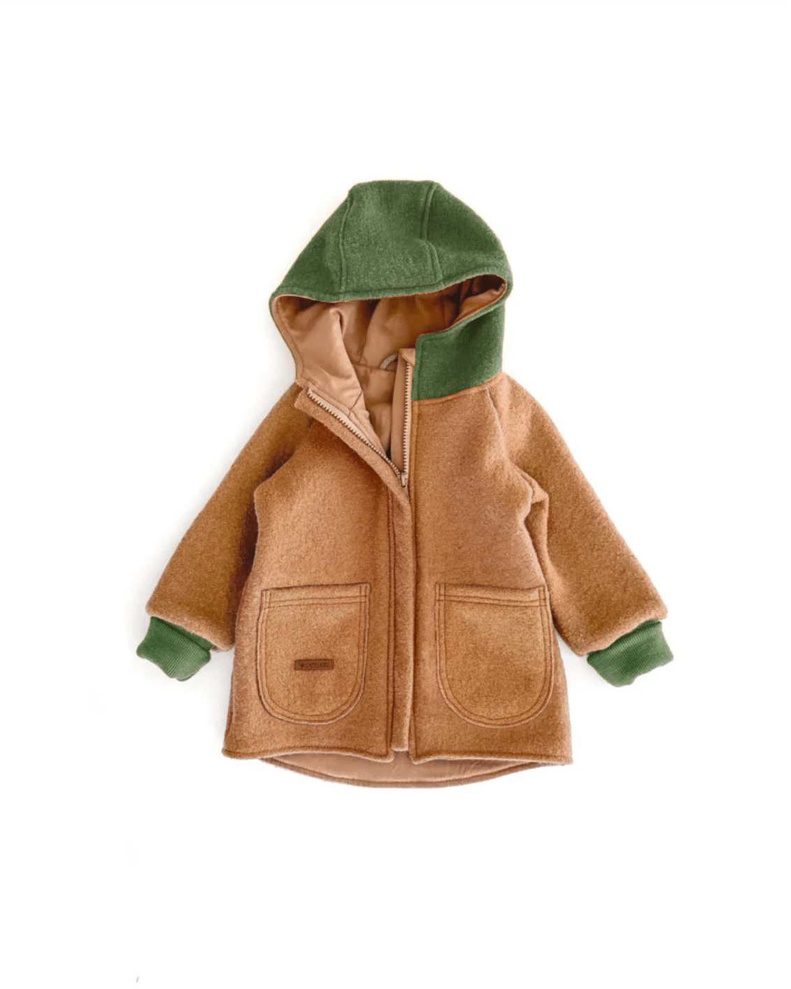 Sofortkauf: Colorblock Walkjacke mit SPITZER Kapuze , Gr. 80/86 Camel/Tanne