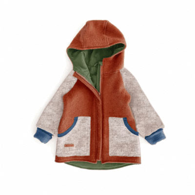 Sofortkauf: Colorblock Walkjacke mit runder Kapuze , Gr. 110/116 Rost/Sand Meliert/Tanne