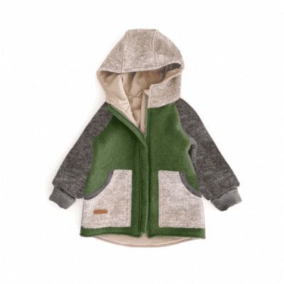 Sofortkauf: Colorblock Walkjacke mit runder Kapuze , Gr. 110/116 Tanne/Anthrazit/Sand Meliert