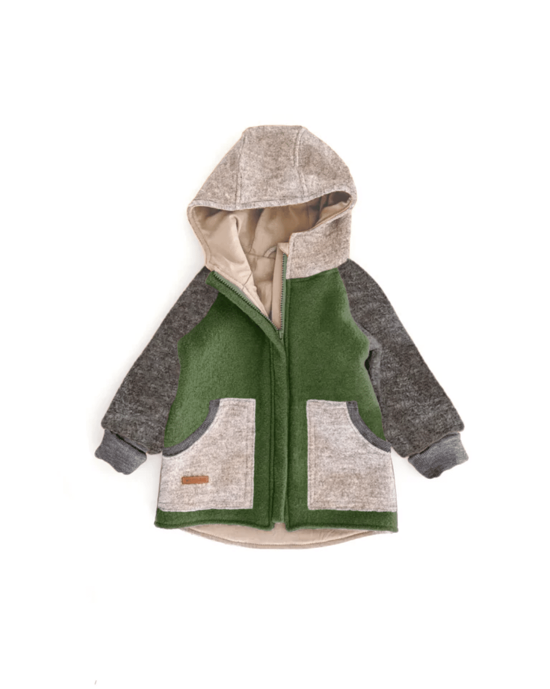 Sofortkauf: Colorblock Walkjacke mit runder Kapuze , Gr. 110/116 Tanne/Anthrazit/Sand Meliert