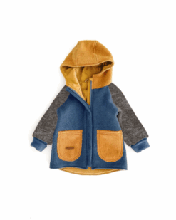 Sofortkauf: Colorblock Walkjacke mit runder Kapuze , Gr. 110/116 Rauchblau/Senf/Anthrazit