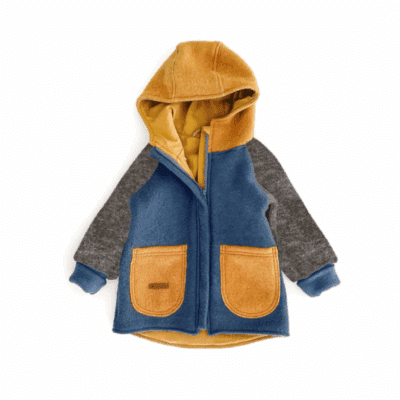 Sofortkauf: Colorblock Walkjacke mit runder Kapuze , Gr. 110/116 Rauchblau/Senf/Anthrazit