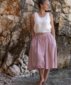 Eleganter Midi Damen Leinenrock mit Gummizug und Knopfleiste