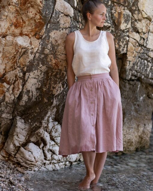 Eleganter Midi Damen Leinenrock mit Gummizug und Knopfleiste