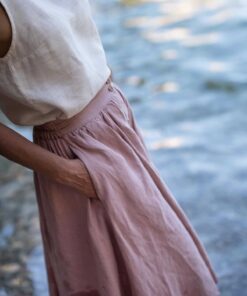 Eleganter Midi Damen Leinenrock mit Gummizug und Knopfleiste