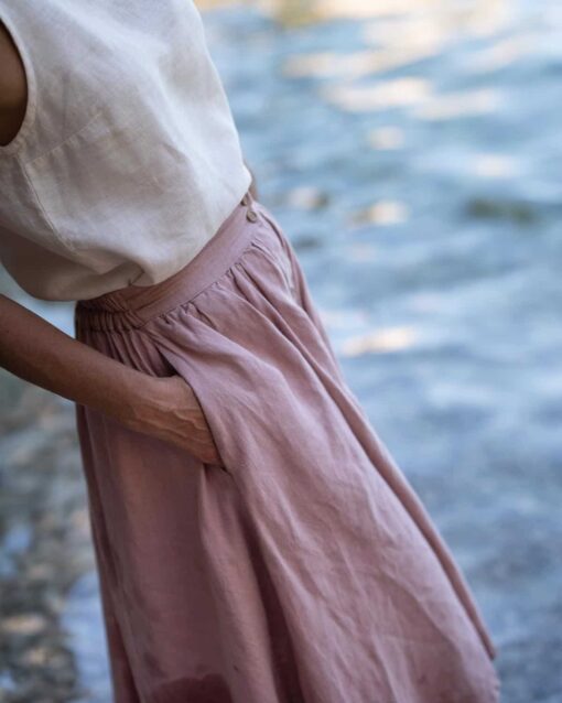 Eleganter Midi Damen Leinenrock mit Gummizug und Knopfleiste