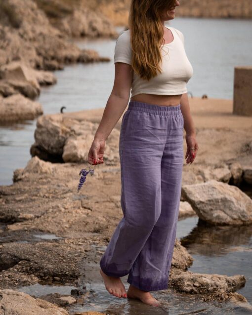 Leinenhose für Frauen mit weitem Bein und hoher Taille in lila