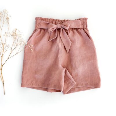 Sofortkauf: Damen Leinen Paperbag Shorts mit Schleife in Altrosa, Gr. 38/40