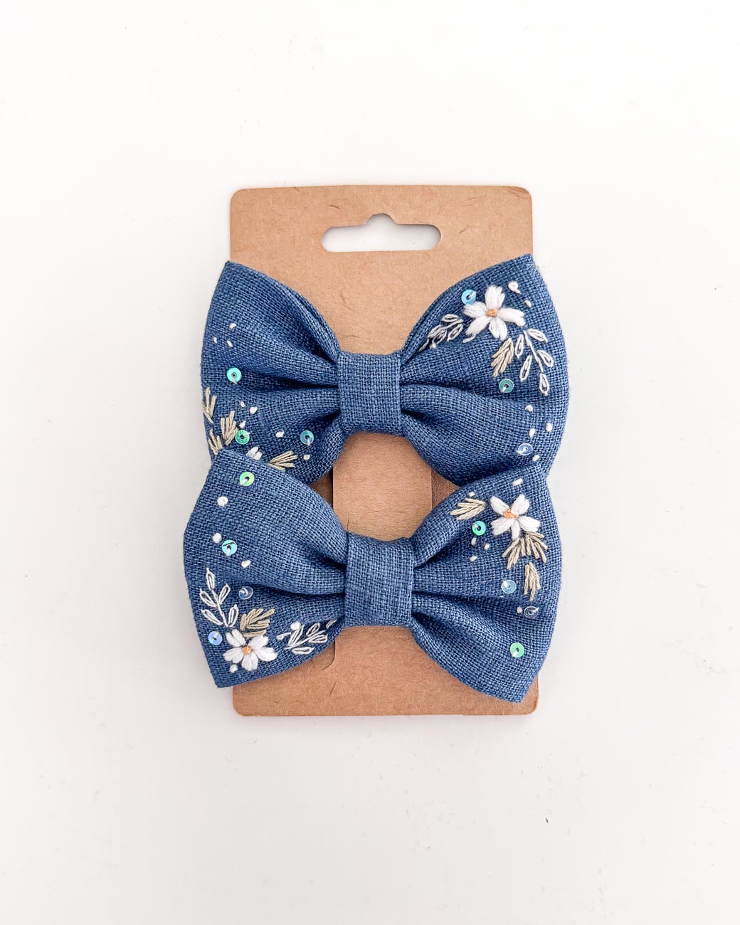 handbestickte Haarschleifen 2er-Set – Jeansblau "Blumenglitzer"