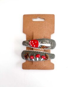 handbestickte Haarspangen 2er-Set – Olive "Fliegenpilz"