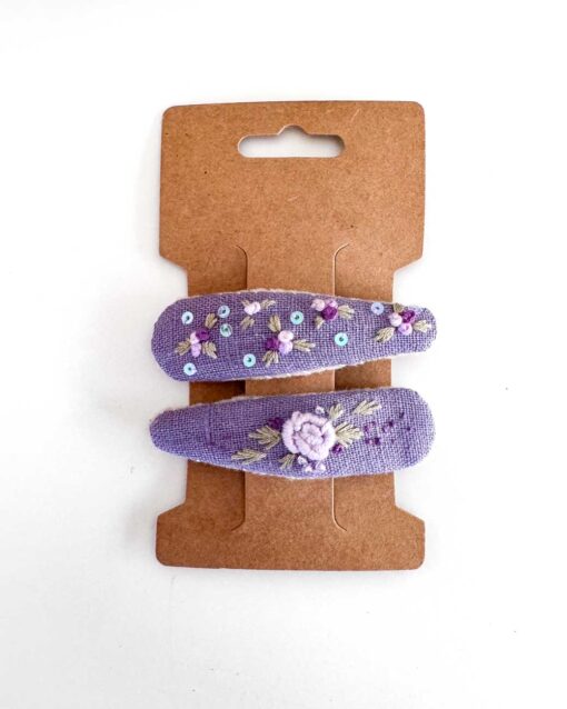 handbestickte Haarspangen 2er-Set – Lavendel "Blumenglitzer"