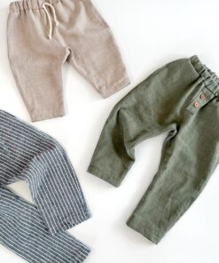 Kinder Leinenhosen aus Leinen in sand, olive und blau gestreift
