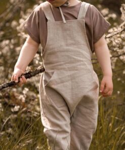 Kinder- und Babylatzhose mit Tasche/ Bauchtasche aus 100% Leinen mit großer Känguru-Tasche
