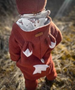 Kinder und Baby gefütterter Wollwalkoverall Fuchs mit Fuchsohren und Fuchsschwanz aus Schurwolle