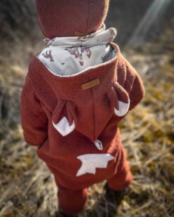Kinder und Baby gefütterter Wollwalkoverall Fuchs mit Fuchsohren und Fuchsschwanz aus Schurwolle