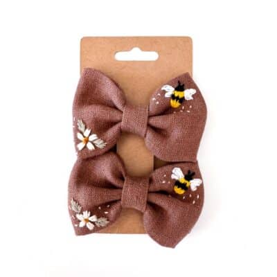 handbestickte Haarschleifen 2er-Set – Schoko "Bienchen"