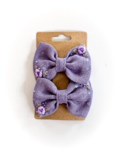 handbestickte Haarschleifen 2er-Set – Lavendel "lila Rose"