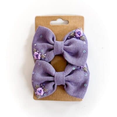 handbestickte Haarschleifen 2er-Set – Lavendel "lila Rose"