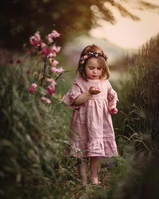 Leinenkleid festliches Rüschen Kleid für Blumenmädchen in Altrosa