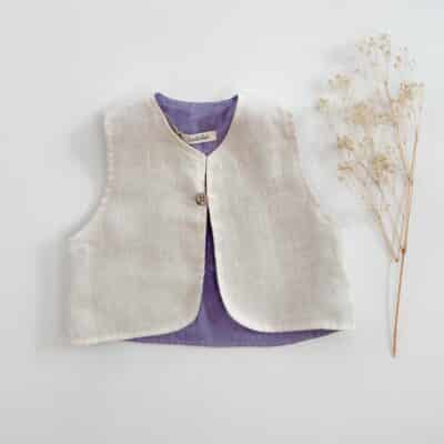 Sofortkauf: Leinen Weste in Wollweiß & Lavendel, Gr. 62/68