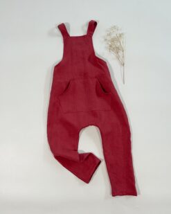 Sofortkauf: lange Leinen Latzhose/ Salopette mit Taschen in Himbeere, Gr. 110/116