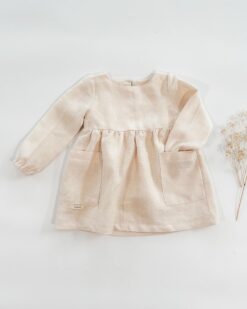 Sofortkauf: Leinenkleid langarm und Taschen in Wollweiß, Gr. 86/92