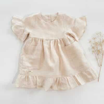 Sofortkauf: Mädchen Volantkleid aus Leinen in Wollweiß, Gr. 86/92