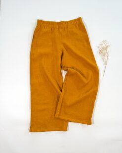 Sofortkauf: Damen Leinenhose mit weitem Bein und Taschen in Senf, Gr. L (42/44)