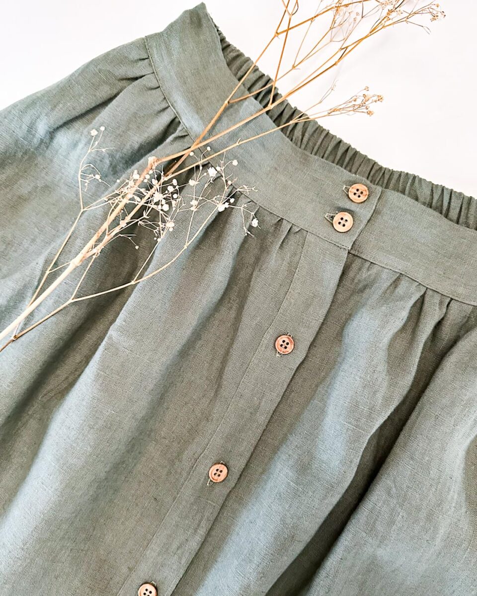 Leinen Rock Damen Midi - Knopfverschluss Sommerrock Mit Schlitz