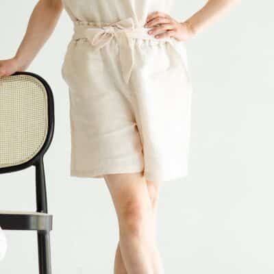 Damen Leinen Paperbag Shorts mit Schleife