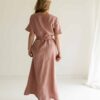 Sofortkauf: wadenlanges Damen Wickelkleid aus Leinen in Altrosa, Gr. S (34/36)