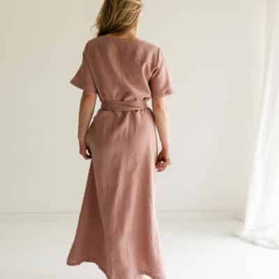 Sofortkauf: wadenlanges Damen Wickelkleid aus Leinen in Altrosa, Gr. S (34/36)