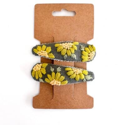 handbestickte Haarspangen 2er-Set – Olive "Vintage Sonnenblume"