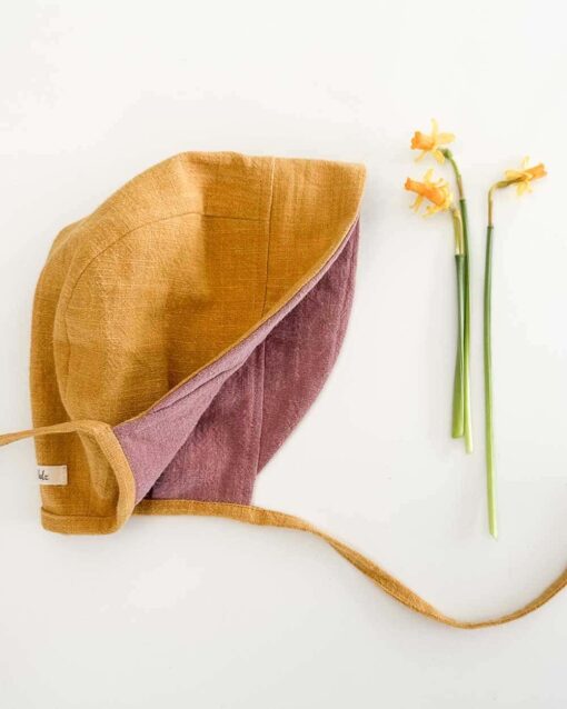 Sofortkauf: Leinen Baby Bonnet in Gelb/Altrosa, Gr. 48-50 – Bild 2
