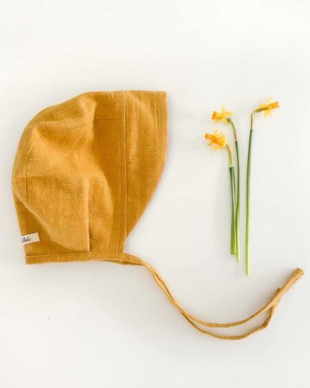 Sofortkauf: Leinen Baby Bonnet in Gelb/Altrosa, Gr. 48-50