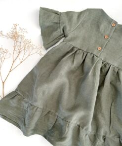 Mädchen Leinen Volantkleid mit Knopfverschluss am Rücken - Stufenkleid mit Volantärmeln