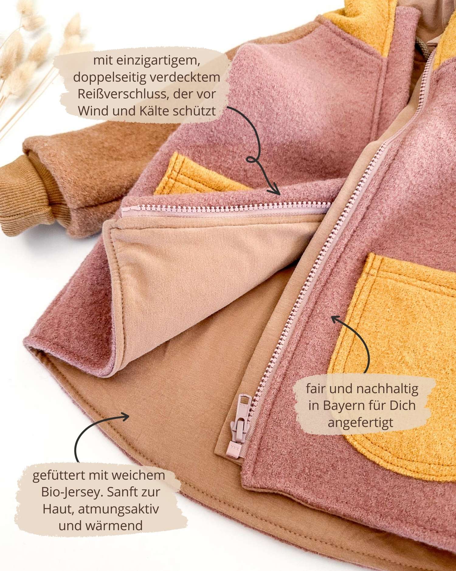 Colourblock Kinder Wollwalk Jacke mit Reißverschluss und Taschen