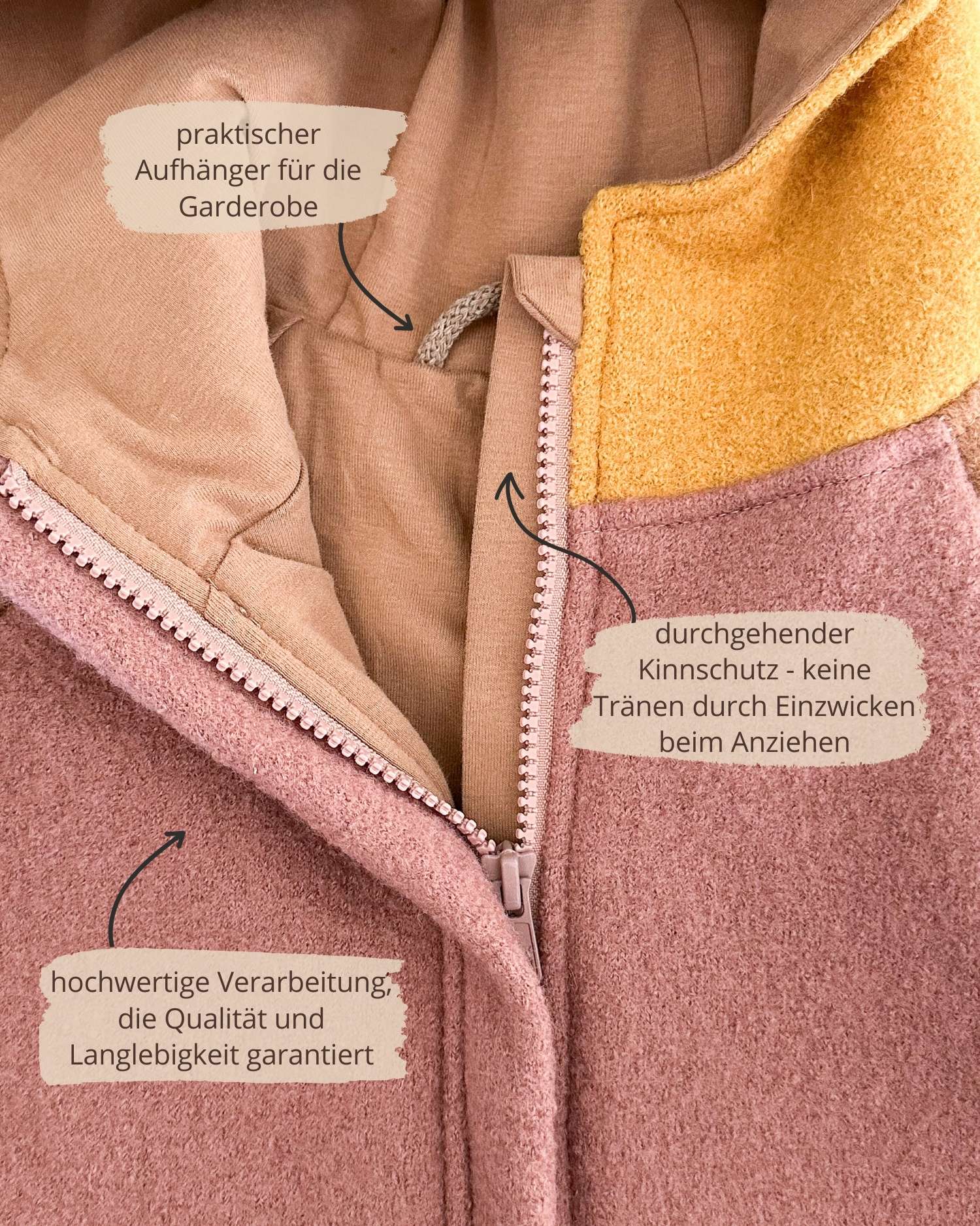 Rosa Colorblocking Kinder Wollwalkjacke mit Reißverschluss und Kinnschutz