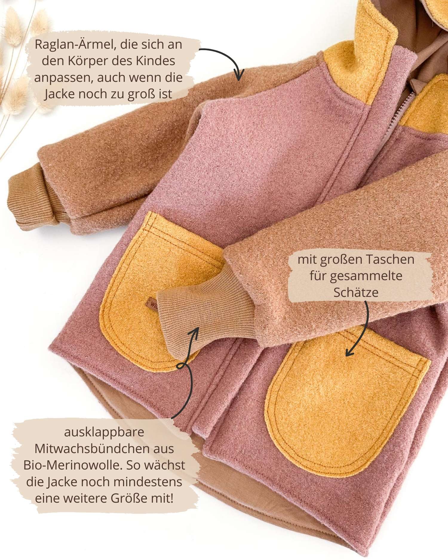 Colorblock Walkjacke für Kinder und Babys mit Wollbünchen aus Bio-Merinowolle