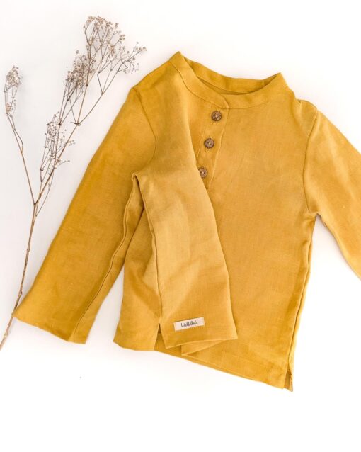 Sofortkauf: langarm Leinenshirt mit Knopfleiste in Sonnengelb, Gr. 98/104 – Bild 2