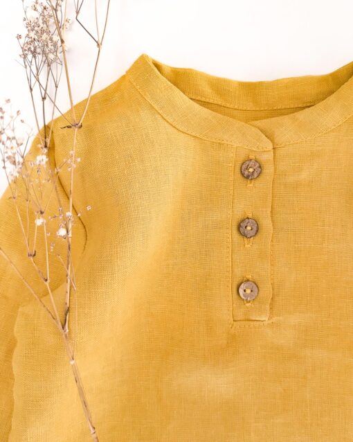 Sofortkauf: langarm Leinenshirt mit Knopfleiste in Sonnengelb, Gr. 98/104 – Bild 3