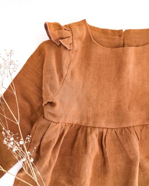 Sofortkauf: Leinenkleid langarm in Zimt, Gr. 86/92 – Bild 4