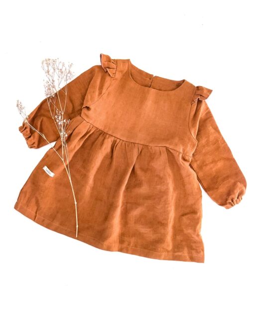 Sofortkauf: Leinenkleid langarm in Zimt, Gr. 86/92 – Bild 3