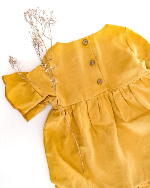 Sofortkauf: Mädchen Volantkleid aus Leinen in Sonnengelb, Gr. 86/92 – Bild 2