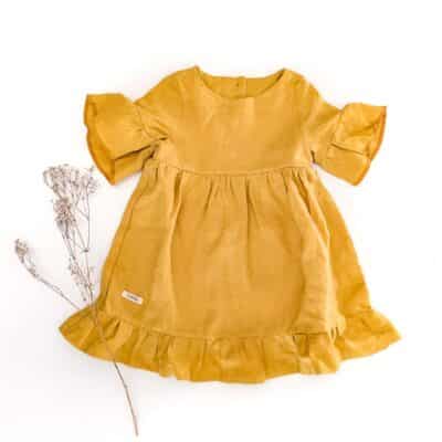 Sofortkauf: Mädchen Volantkleid aus Leinen in Sonnengelb, Gr. 86/92