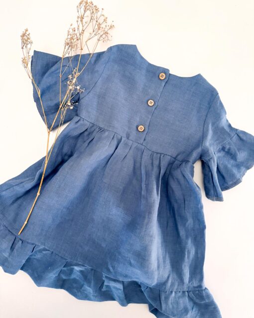 Sofortkauf: Mädchen Volantkleid aus Leinen in Jeansblau, Gr. 86/92 – Bild 2