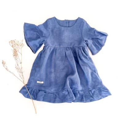 Sofortkauf: Mädchen Volantkleid aus Leinen in Jeansblau, Gr. 86/92