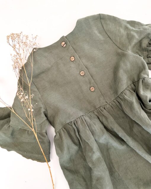 Sofortkauf: Mädchen Volantkleid aus Leinen in Olive, Gr. 140/146 – Bild 4