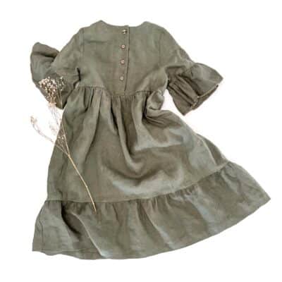 Sofortkauf: Mädchen Volantkleid aus Leinen in Olive, Gr. 140/146