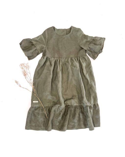Sofortkauf: Mädchen Volantkleid aus Leinen in Olive, Gr. 140/146 – Bild 6